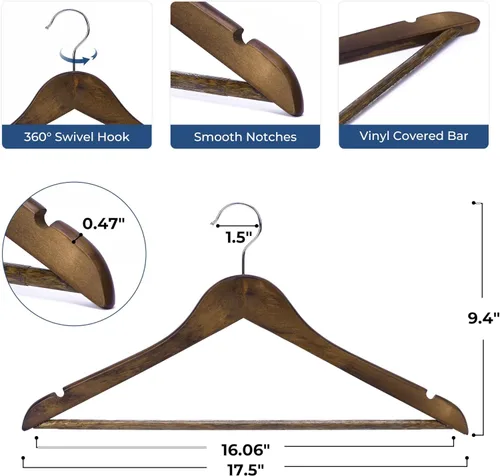Miniatura 6 de JS Hanger Perchas de madera para abrigos, paquete de 20 perchas de madera de alta calidad para trajes con barra antideslizante para pantalones