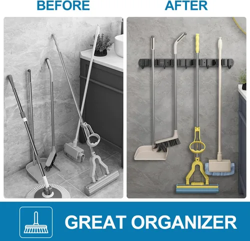 Miniatura 4 de IMILLET Soporte para escoba y trapeador montado en la pared, organizador de escobas de acero inoxidable para trabajo pesado, organizador de 4