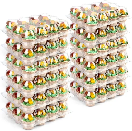 Miniatura 8 de LotFancy (12 unidades x 5 juegos) recipientes para cupcakes con 60 forros, cajas apilables de plástico, soporte desechable para magdalenas con tapa