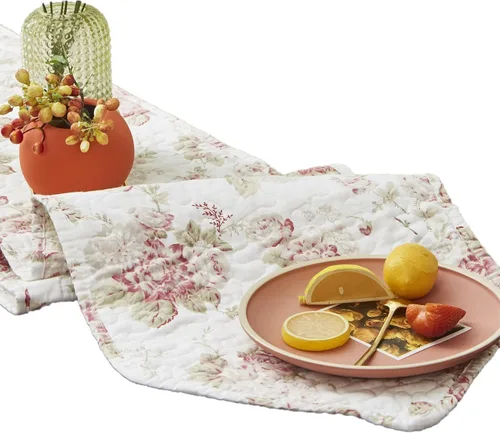 Miniatura 5 de DaDalogy Bedding - Camino de mesa de comedor acolchado floral con rosas de algodón – Bonito tapete decorativo de algodón para el jardín, bar