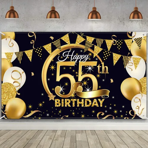 Miniatura 17 de Decoración de fiesta de cumpleaños número 15, cartel póster de tela extra grande negro y dorado para telón de fondo de cabina de fotos