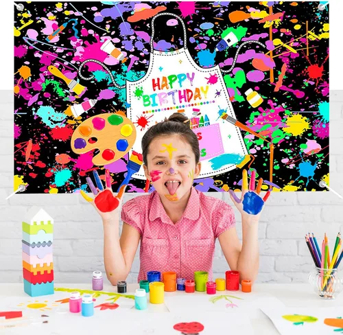 Miniatura 6 de Mocsicka Cartel de cumpleaños de pintura artística para niños, pintemos vestido para un lío, decoración de fiesta, telón de fondo colorido