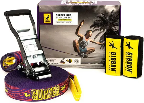 Miniatura 7 de GIBBON Slacklines Surferline con ropa de árbol, morado, 98 pies (línea de 90 pies + correa de trinquete de 8 pies con lazo reforzado) incl.