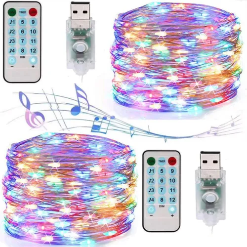 Miniatura 11 de Paquete de 2 tiras de luces de música activadas por sonido, 100 luces LED de alambre plateado de 33 pies con temporizador remoto para dormitorio