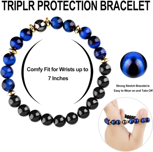 Miniatura 5 de Pulsera de triple protección de buena suerte, para hombres y mujeres, ojo de tigre azul, obsidiana negra, hematita, riqueza, prosperidad, felicidad