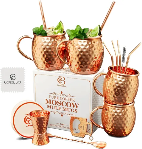 Miniatura 7 de COPPER-BAR Tazas de cobre Moscow Mule – Juego de 4 tazas de regalo únicas hechas a mano, martilladas por artesanos, tazas de cobre sólido 100% puro
