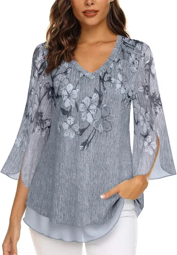 Miniatura 2 de Timeson Blusas florales de manga 34 para mujer, camisas de doble capa con cuello en V, túnica elegante