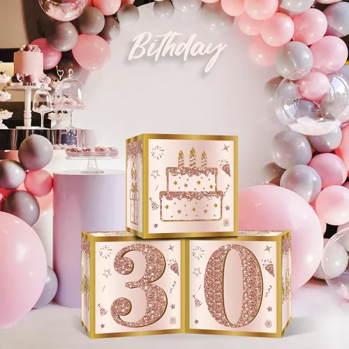Miniatura 4 de Guiruiy 3 piezas de cajas de decoración para el 30 cumpleaños de mujeres, cajas de globos de cumpleaños de 30 años en rosa y oro rosa, decoración