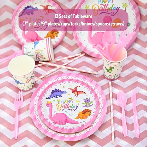 Miniatura 6 de 150 piezas de suministros de fiesta de cumpleaños de dinosaurios para niñas (sirve 12), decoraciones de fiesta de dinosaurio rosa, 50 globos