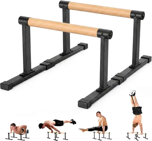 Barras paralelas de madera de 20 pulgadas de largo y 12 pulgadas de altura, barra de inmersión con asas gruesas de haya, soportes de flexión para