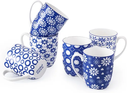 AntoKueh Tazas de café de porcelana de 14 onzas, tazas de cerámica, paquete de 6 con asa para café, coca, capuchino, lavavajillas, aptas para