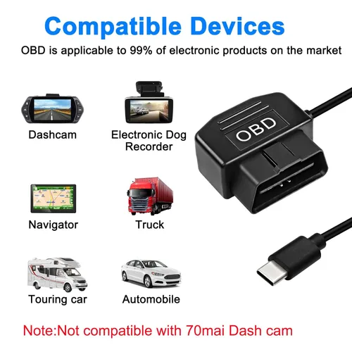 Miniatura 6 de XMSJSIY Cable de alimentación OBD para cámara de tablero tipo C OBD2 adaptador de cable de alimentación Cable de carga de cable duro con conector