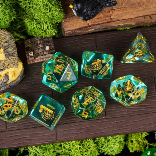 Miniatura 4 de Cusdie Dados DND de 7 troqueles, juego de dados poliédricos rellenos de animales, para juegos de rol, dados D&D (tortuga marrón)