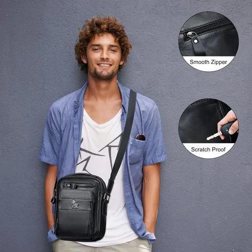 Miniatura 7 de BAIGIO Bolso de hombro de cuero genuino para hombre, maletín de mensajero, bolso de mano cruzado, bolso de viaje