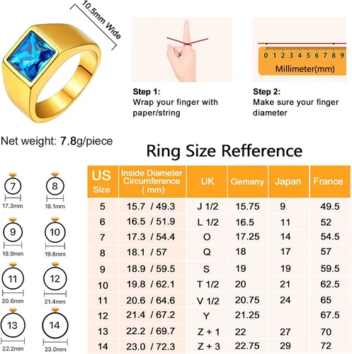 Miniatura 5 de U7 Anillo de joyería de moda de ónix negroazul para hombres y mujeres, anillos de sello cuadrado de acero inoxidable para papá y padre, anillos