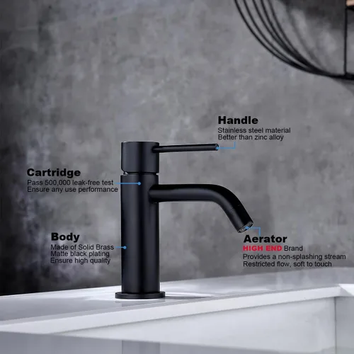 Miniatura 6 de Grifo de Baño Negro Mate de Un Solo Orificio con Ensamble de Drenaje Pop Up y Manguera de Suministro de Grifo, JXMMP Grifos de Lavatorio de Una Sola
