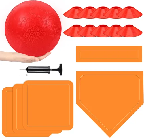 Miniatura 13 de Hiboom Juego de 16 piezas de kickball deportivo que incluye bola de parque infantil de 10 pulgadas, 5 bases de goma, bomba de bola, 10 conos