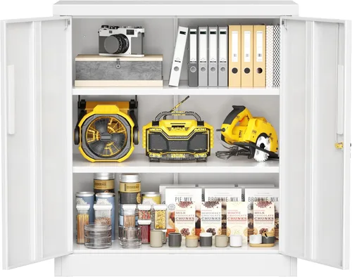 Miniatura 14 de Greenvelly Armario de almacenamiento de metal para garaje con puertas y estantes ajustables, gabinete de archivo de acero negro con cerradura de 72