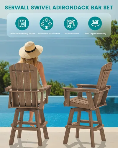 Miniatura 7 de SERWALL Silla de bar Adirondack giratoria de HDPE, silla Adirondack giratoria para balcón, taburetes de bar de altura de barra al aire libre
