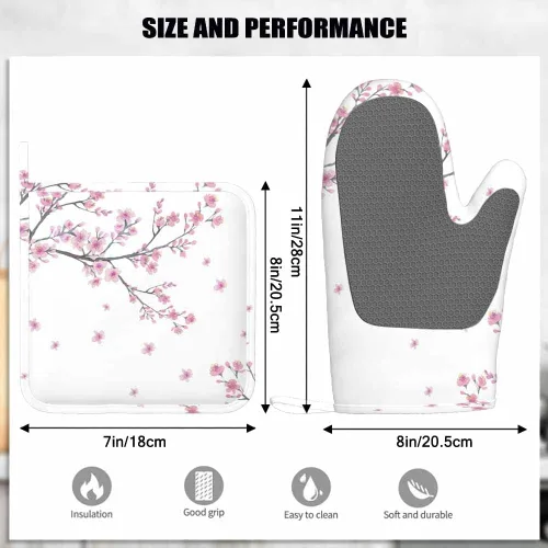 Miniatura 3 de Mxocom Cherry Blossom - Guantes de horno resistentes al calor y soporte para ollas, ramas de flores, para cocina, antideslizantes, para cocinar