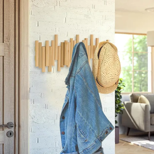 Miniatura 2 de MinBoo Perchero de bambú con múltiples ganchos, moderno, único, que ahorra espacio con 4 ganchos abatibles para colgar abrigos, decoraciones