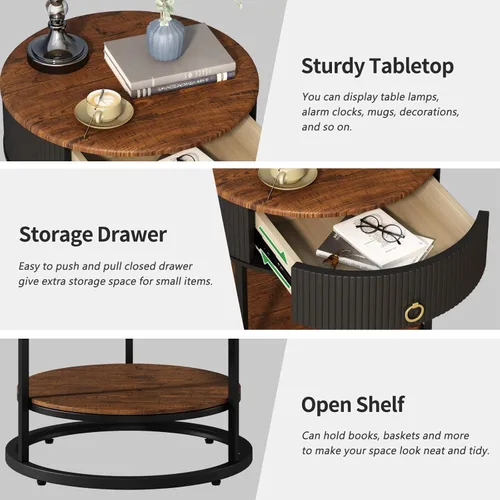 Miniatura 7 de OIOG - Mesa auxiliar redonda con cajón, mesa auxiliar moderna de madera con estante, mesa de noche de 2 niveles con cajón para sala de estar, Negro