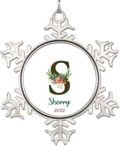 Miniatura 24 de Monograma inicial letra A copo de nieve, adorno de bayas de pino de Navidad para decoración de árbol de Navidad, adornos de Navidad personalizados