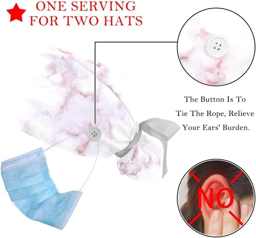 Miniatura 3 de Paquete de 2 gorras de trabajo con botones, banda para el sudor, gorras quirúrgicas ajustables para mujeres y hombres, teñido anudado