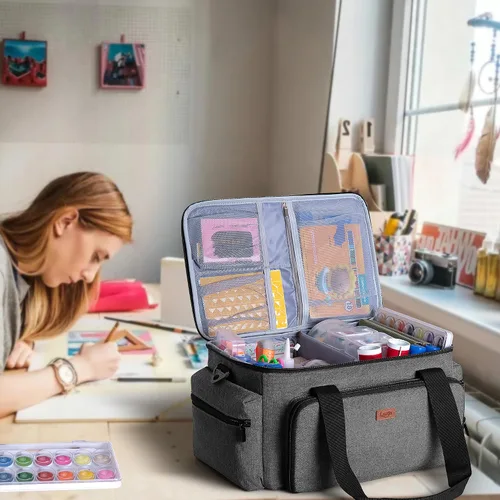 Miniatura 7 de LUXJA Bolsa de manualidades de gran capacidad con correa para el hombro, bolsa de manualidades para arte, álbumes de recortes o suministros de Negro