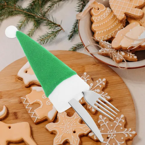 Miniatura 5 de Angoily 10 piezas de mini sombreros de Papá Noel de Navidad, soportes para cubiertos con bolsillos, tapas de botellas de vino, tapas de piruleta