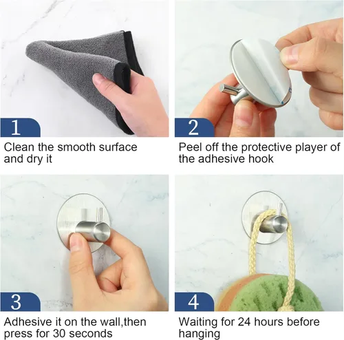 Miniatura 5 de Queekay Gancho adhesivo de acero inoxidable 304 para toallas, bata, gancho de pared resistente, gancho de pared a granel, colgador redondo