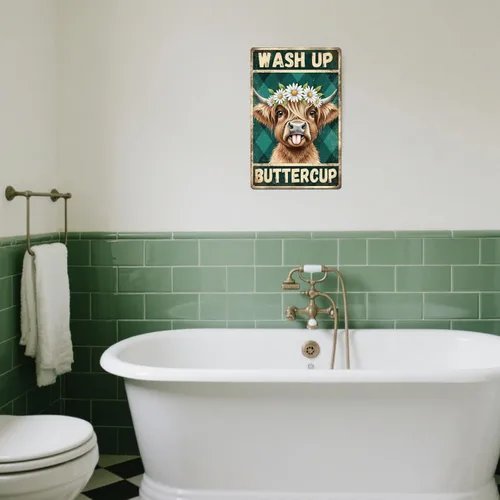 Miniatura 6 de GLOBLELAND Cartel de metal de 12 x 8 pulgadas con diseño de ganado de las tierras altas, diseño vintage "Wash Up Buttercup" de margaritas, letreros