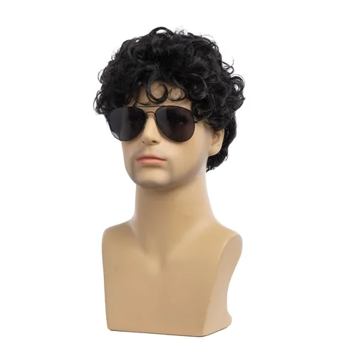 Miniatura 4 de Peluca negra corta y rizada para hombre, peluca sintética para cosplay, con gorra de peluca