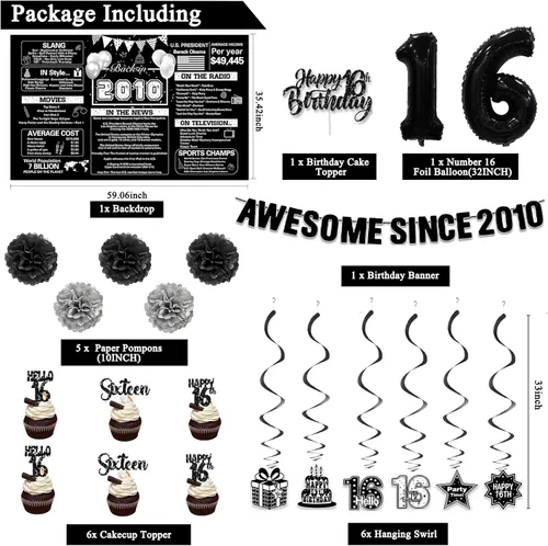 Miniatura 2 de Crenics Decoraciones negras de cumpleaños número 16 para niños y niñas, telón de fondo del año 2010, impresionante desde 2010, pompones de papel