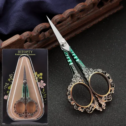 Miniatura 7 de Tijeras de costura afiladas con funda, tijeras de bordado para manualidades, hilo y punto de cruz, herramienta DIY, 4.5 pulgadas, doradas y verdes