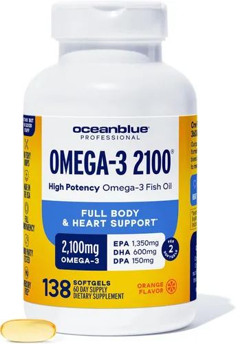 Oceanblue Suplemento profesional de aceite de pescado Omega-3 de 2100 mg – Triple fuerza, EPA de alta potencia, DHA y DPA – Burpless, capturado en
