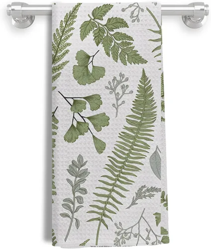 Green Fern Leaf - Toallas de cocina y baño - Toallas de hierbas botánicas vintage, 16 x 24 pulgadas