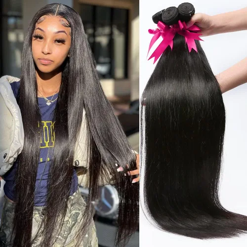 Miniatura 30 de YISEA Paquetes de cabello humano liso con cierre de encaje (12 14 16+10 cierre) Paquetes de cabello humano 3 con cierre de encaje 4x4 100%