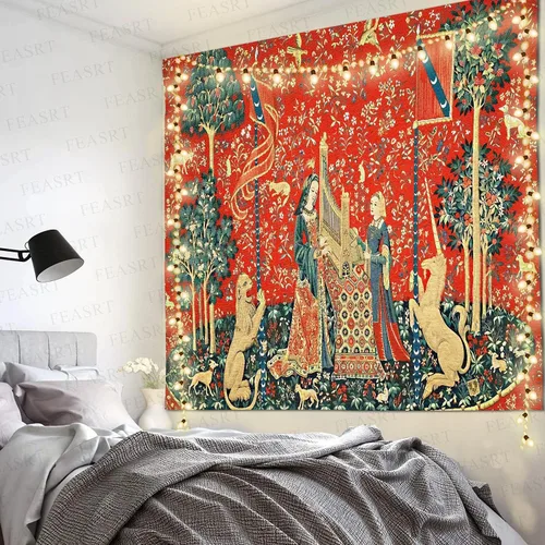 Miniatura 7 de Tapiz Real Medieval Europeo de la Reina Doncella y Unicornio, 90x84 Pulgadas de Flanela Suave, para Colección de Arte Decorativo de Arte de Pared