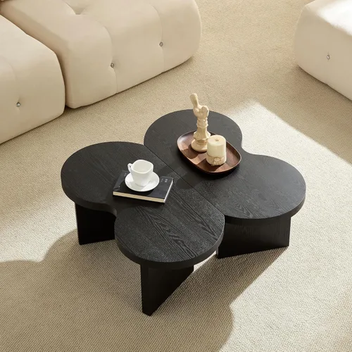Miniatura 34 de Moderna mesa auxiliar anidable, mesa auxiliar redonda de madera, juego de 2 para espacios pequeños, sala de estar, color negro
