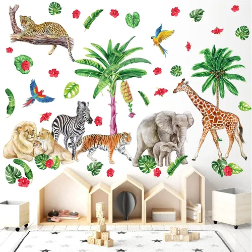 Miniatura 11 de Calcomanías de pared de animales de la selva para niños, diseño de animales de safari africano, despegar y pegar, decoración de paredes de bosque
