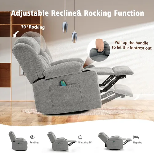 Miniatura 7 de Ketaiyou - Silla reclinable giratoria para adultos, sillón deslizante manual grande y acolchado con masaje y calor, cómodo sofá reclinable de tela