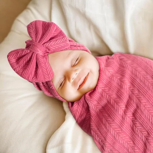 Miniatura 3 de DRESHOW BQUBO Manta de recepción para recién nacido, cálida para niñas con sombrero de lazo y diadema de lazo, regalo para baby shower 1 juego
