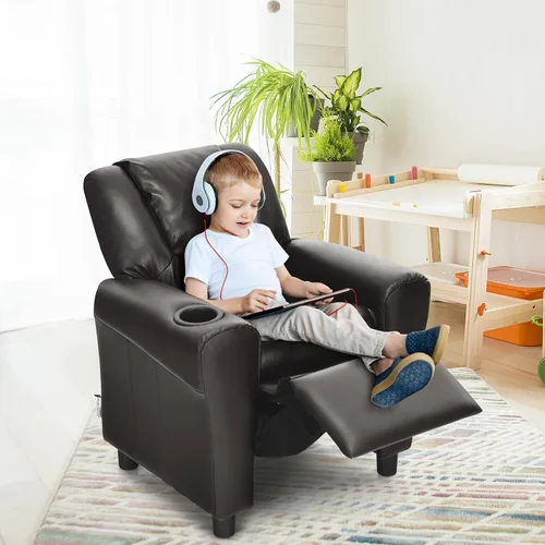 Miniatura 12 de ARLIME Silla reclinable para niños, sillón tapizado con soporte para tazas, respaldo, sofá de cuero para bebé con reposacabezas y reposapiés, Negro