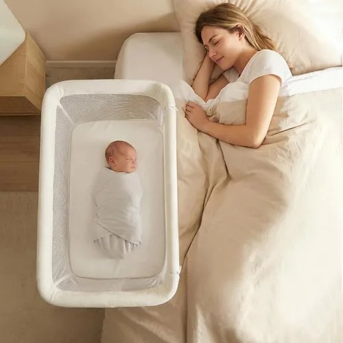 INFANS Moisés sobre la cama para bebé, cama de noche con pared inferior para un fácil acceso, cierre seguro para dormir, altura ajustable, Blanco