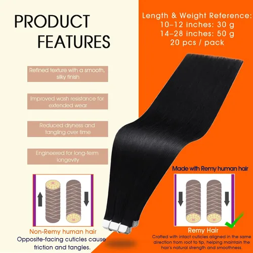 Miniatura 2 de Full Shine - Extensiones de cabello humano real Remy, sin costuras, color negro azabache 1, extensiones adhesivas, cabello brasileño liso, sedoso