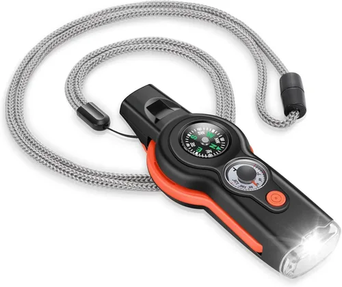 Miniatura 7 de Silbato con función de supervivencia de emergencia 7 en 1, silbato de seguridad multifuncional para exteriores con cordón, ideal para kayak