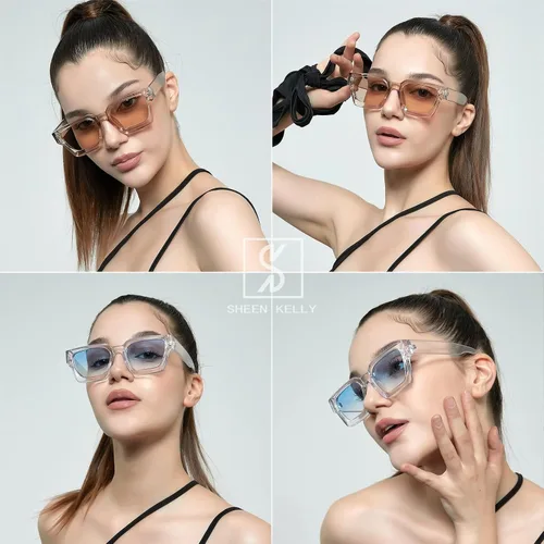 Miniatura 2 de SHEEN KELLY Gafas de sol rectangulares gruesas retro gruesas para mujeres y hombres, a la moda, con montura tipo tortie negra, gafas de los años 90