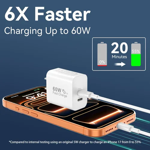 Miniatura 2 de Cargador para teléfono 15/16/17 Pro Max de carga rápida, bloque de carga USB C de doble puerto de 20 W con cable de carga USB C a C de 6.6 pies