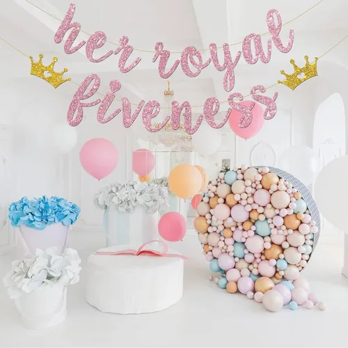 Miniatura 6 de INNORU Cartel con texto en inglés "Her Royal Fivenity" - Decoración de fiesta de cumpleaños número 5 para niñas, suministros de decoración de fiesta